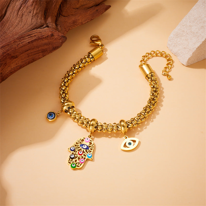 Vintage-Style Gold-Plated Stainless Steel Enamel Evil Eye Hand Charm Bracelet for Women