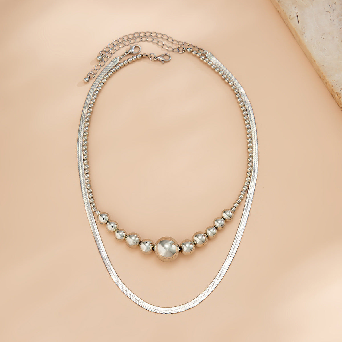 Vintage Hip-hop Geometric Round Brass Plated Alloy Pendant Double Layer Snake Chain Necklace for Women