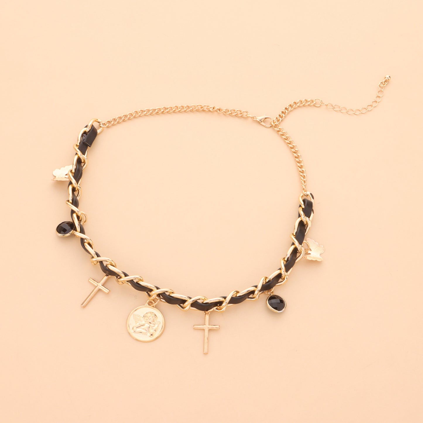 Collana con Pendente Geometrico Tondo Angelo da Donna con Motivi a Croce e Farfalla, Catena in Lega, Finitura Galvanizzata