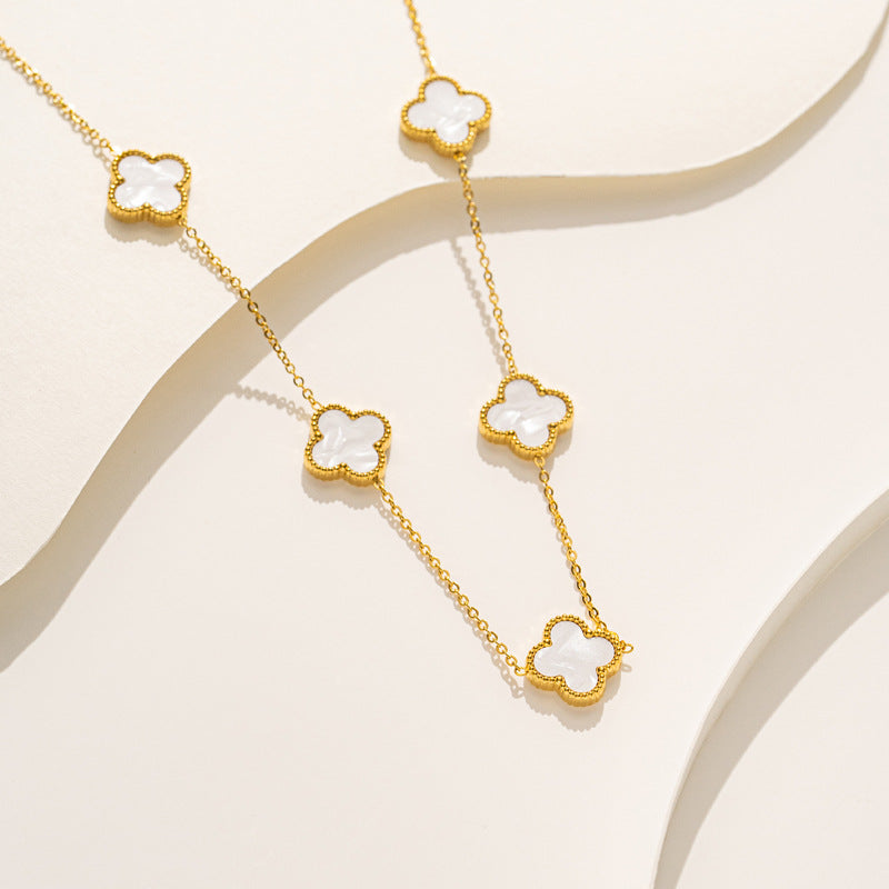 Luxury 18K Gold Plated Titanium Steel Four-Leaf Clover Double-Sided Shell Necklace for Women