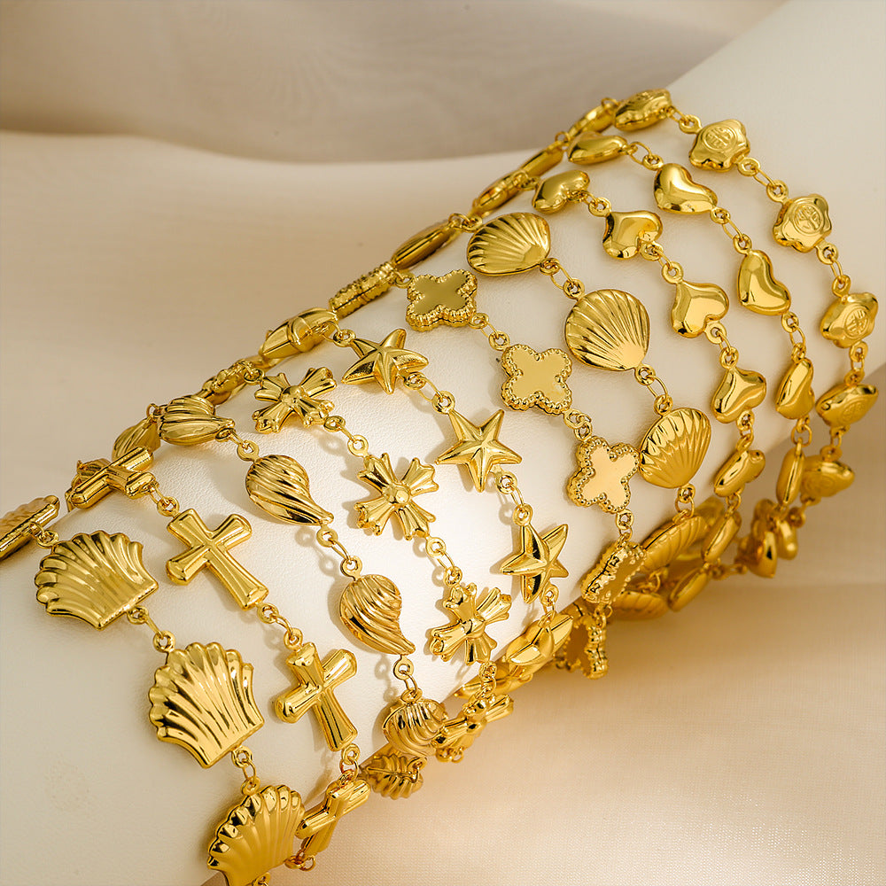 Bracciale a goccia in acciaio inossidabile cavo con conchiglia hip hop, forma a cuore geometrica a goccia d'acqua e accento a croce placcato oro