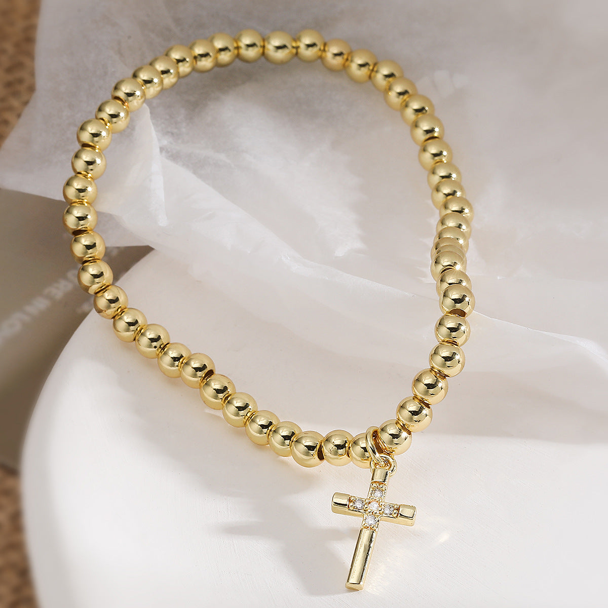 Minimalist 18K Gold Plated Brass Cross Pendant Ball Chain Bracelet with Cubic Zirconia for Women