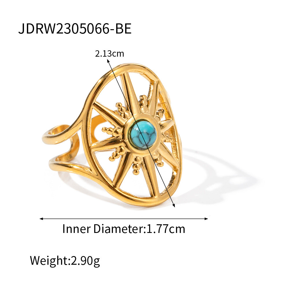 Anillo de titanio y acero geométrico minimalista con baño de oro e incrustaciones de turquesa para mujer