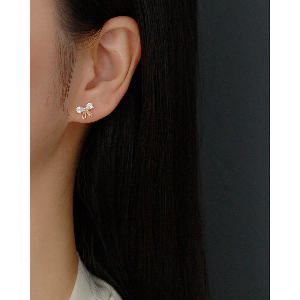 Sweet 925 Sterling Silver Plated Bow Stud Earrings with Cubic Zirconia