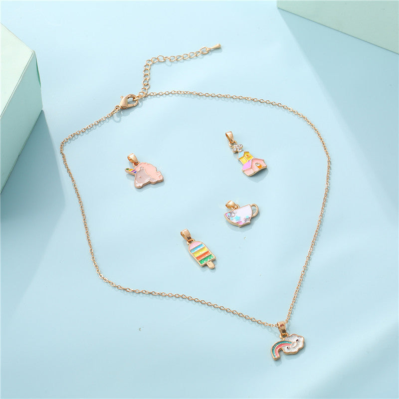 Sweet Cartoon Animal Drip Oil Alloy Charm Bar Necklace with Curb Chain for Kids