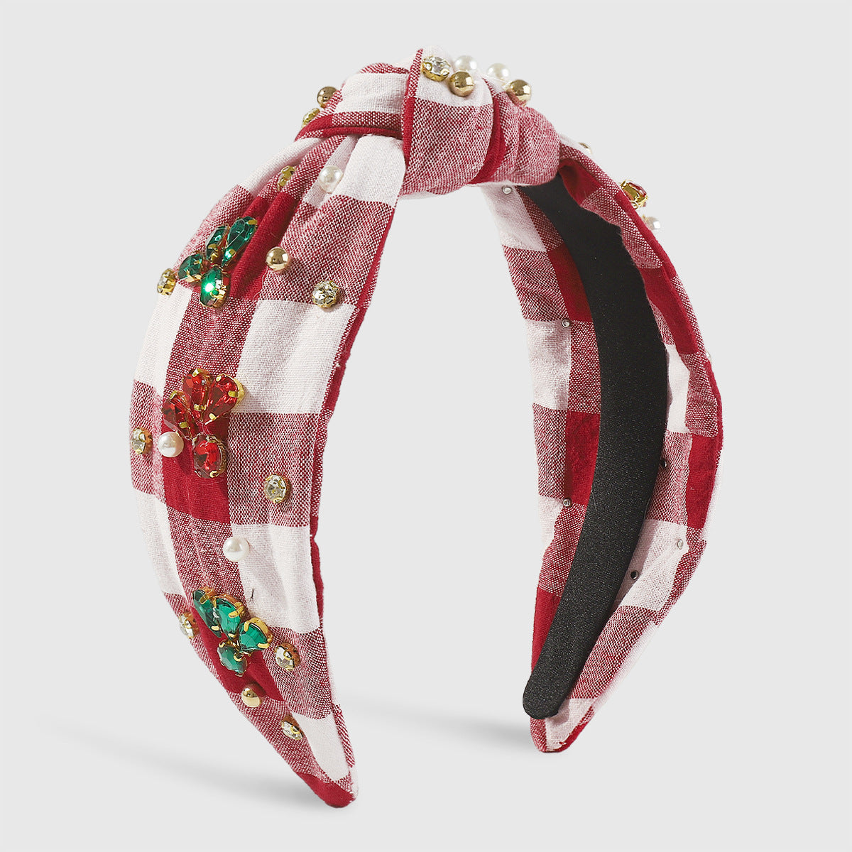 Diadema para mujer dulce y atrevida con diseño de cuadros y pedrería, base de tela y adorno.