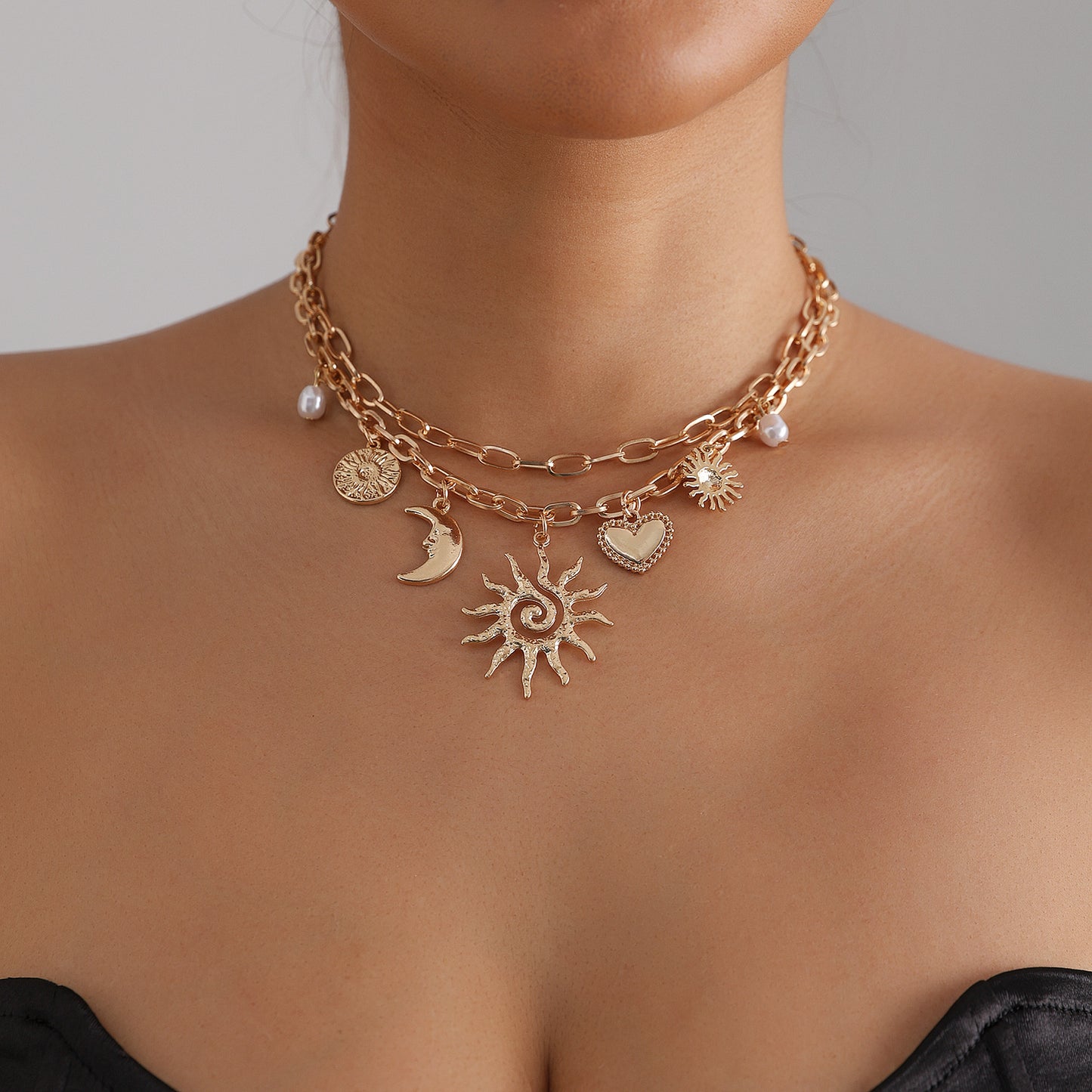 Vintage Ethnic Sunflower Heart Geometric Alloy Plated Necklace for Women
