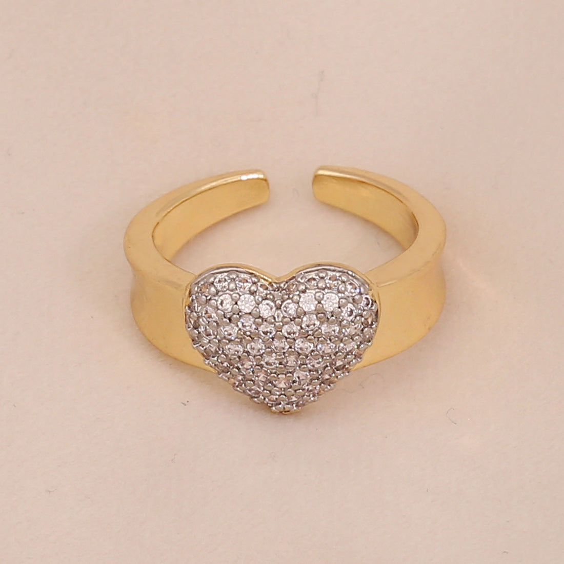 Geometric Heart-Shaped Copper Ring with Zircon Inlay for Women