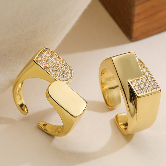 Minimalist Vintage Geometric Open Ring for Women in Brass with 18K Gold Plating and Zircon Inlay