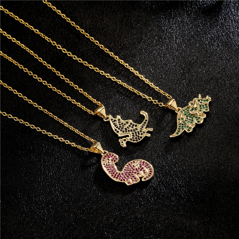 Collana con Pendente Dinosauro Geometrico in Rame con Placcatura in Zirconia Micro-Incastonata