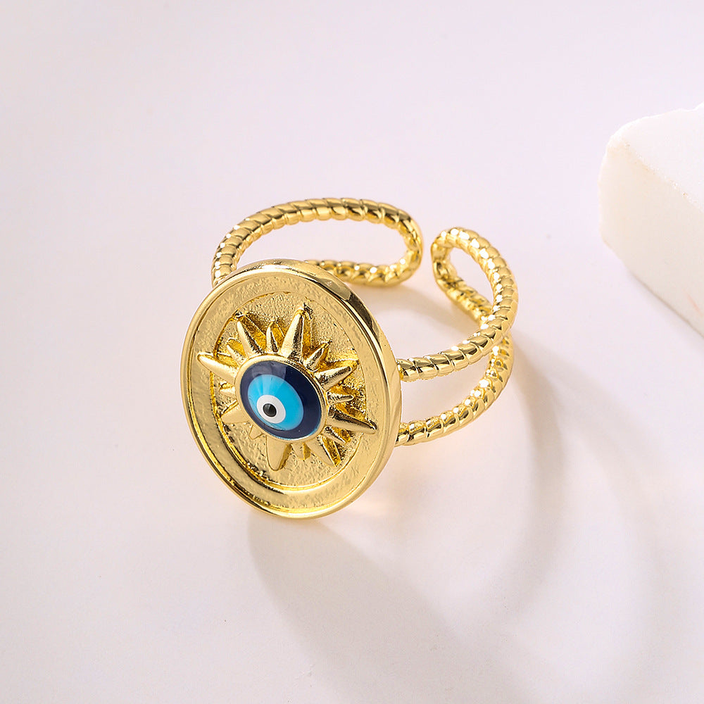 Geometric Open Ring for Women with Copper Base Plated in Real Gold and Enamel Evil Eye Design