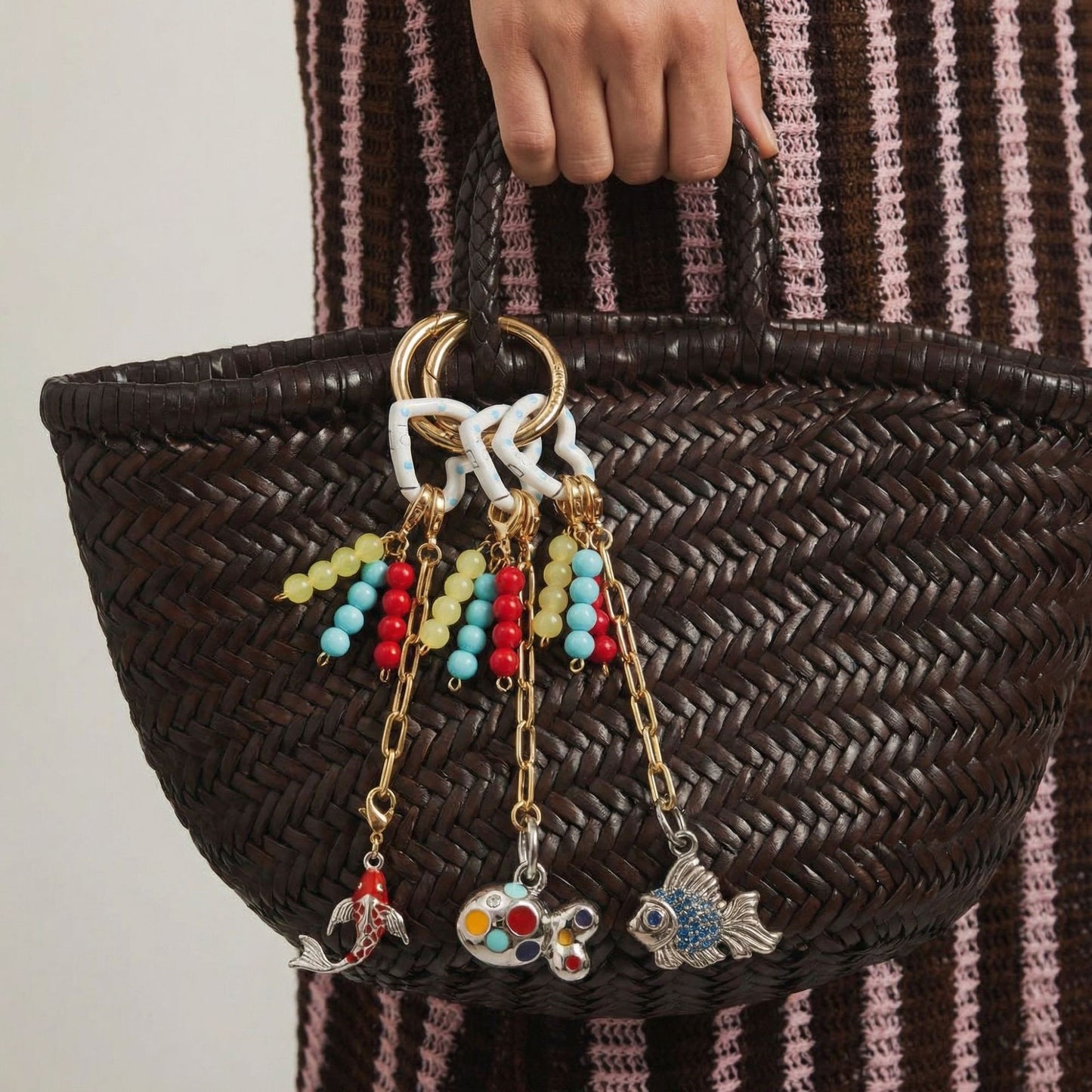 Minimalist Handmade Woven Beaded Keychain Charm Bar with Heart and Teardrop Pendants