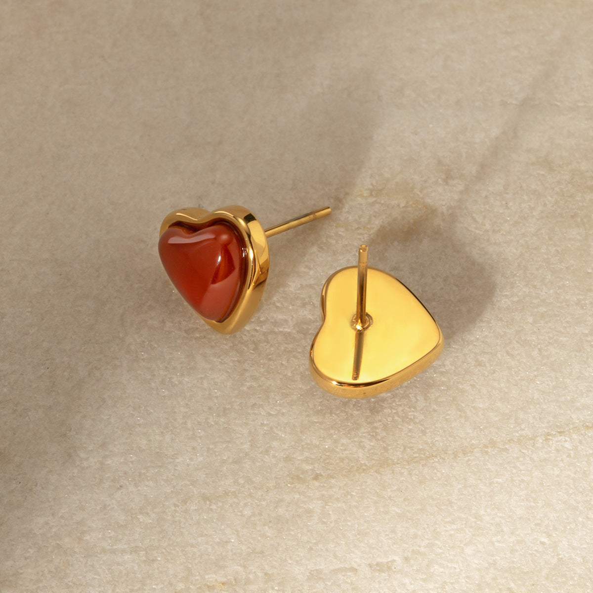 Minimalist Geometric Stainless Steel Earrings with 18K Gold Plating and Red Heart Inlay for Women