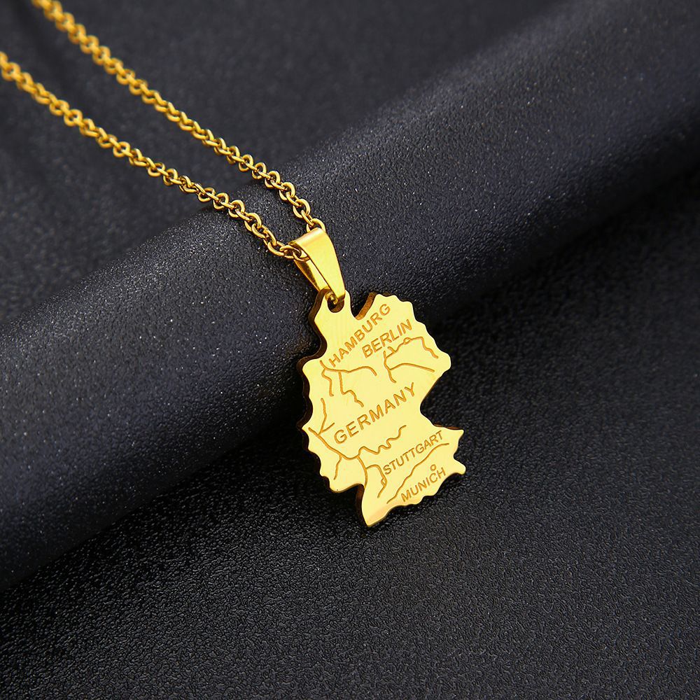 Moderno collar con colgante de mapa geométrico de Alemania en acero inoxidable con dije de acero de titanio, cadena O-Ring galvanizada, estilo unisex