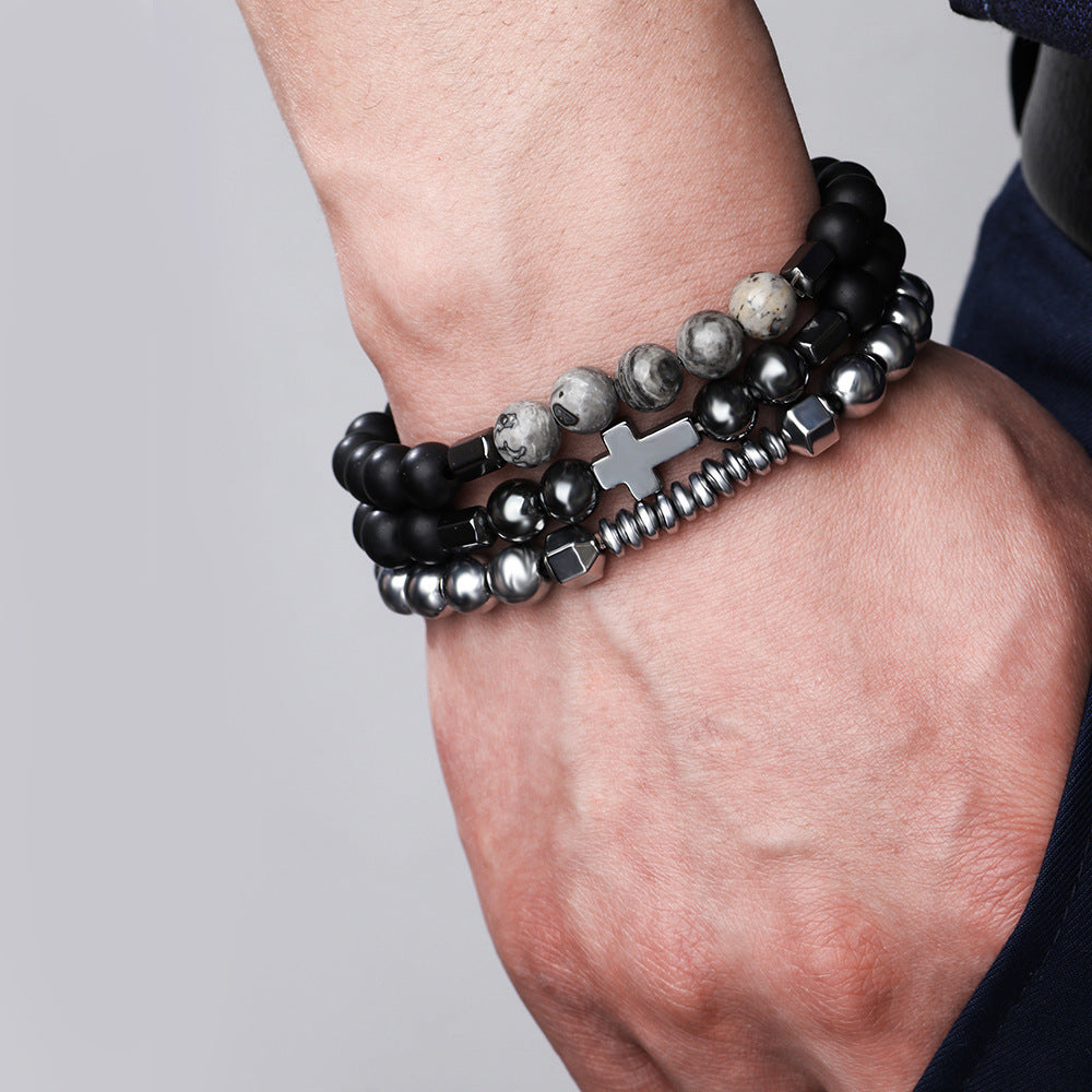 Vintage Cross Geometric Hematite Stretch Bracelet Unisex Handmade Stone Beads