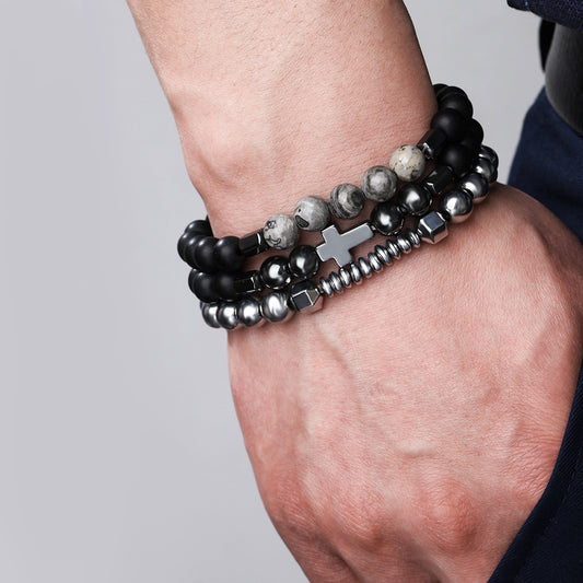 Vintage Cross Geometric Hematite Stretch Bracelet Unisex Handmade Stone Beads