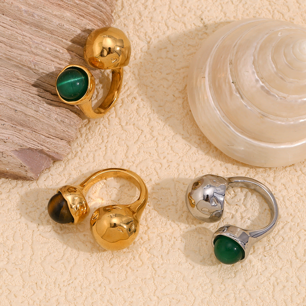 Anillo Abierto Geométrico de Doble Cabeza de Acero Inoxidable Chapado en Oro de 18K con Ágata Verde Natural