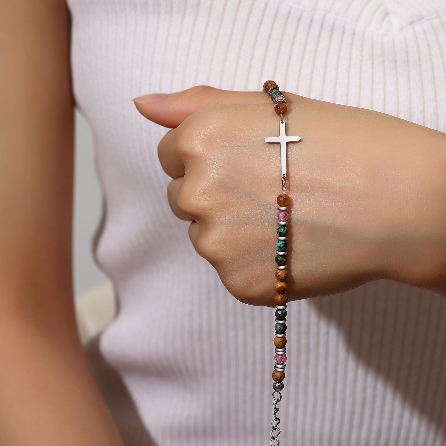 Minimalist Natural Stone Cross Bracelet with Silver Spacer Beads Adjustable Chain