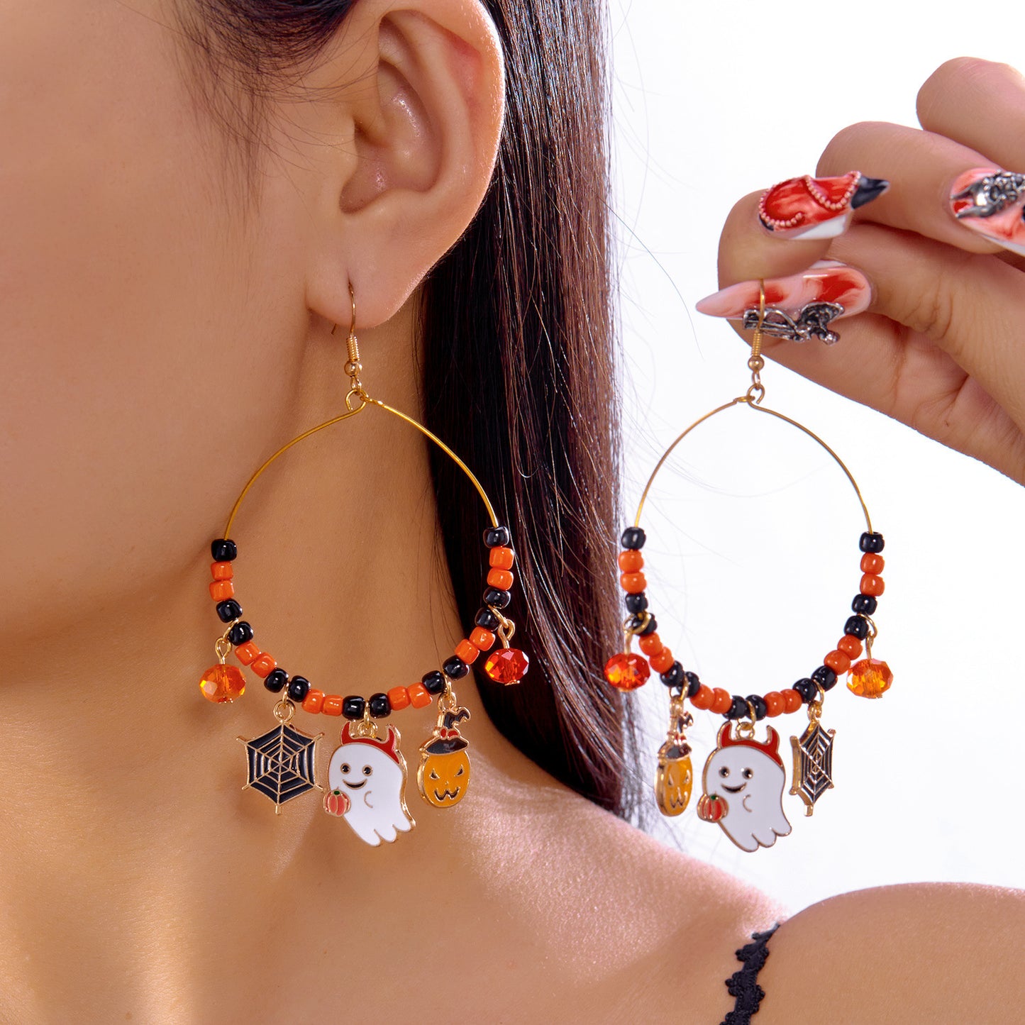 Pendientes de Halloween bonitos y divertidos con diseño de calabaza, fantasma, araña, murciélago y gato en forma geométrica, de aleación galvanizada para mujer