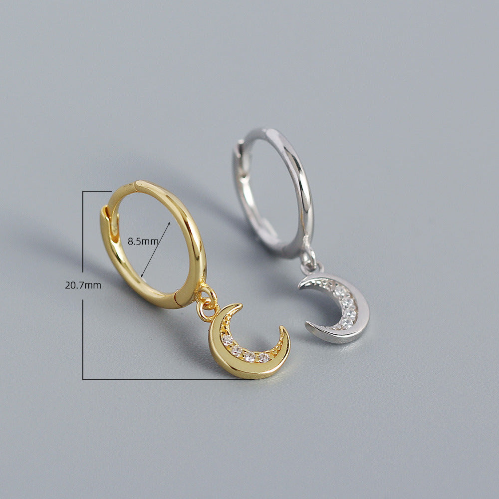 Minimalist Moon-Shaped S925 Sterling Silver Stud Earrings with Rhinestone Inlay for Women