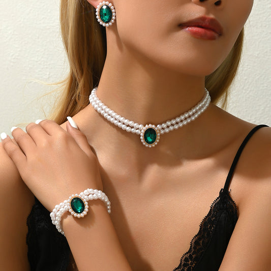 Minimalist Geometric Copper Bracelet Earrings Necklace Set for Women with Rhinestone Inlay and Pearl Collar Chain