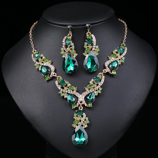 Vintage Artistic Waterdrop-Shaped Alloy Necklace Set with Rhinestone-Inlaid Leaves and Electroplated Finish for Women