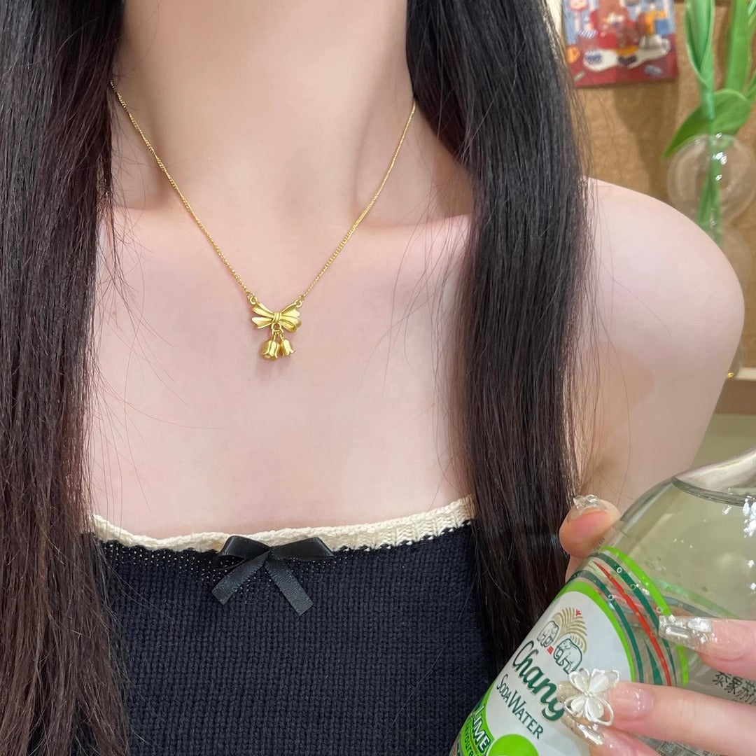 Original Design Floral Bow Knot Orchid Pendant Necklace for Women and Men in Titanium Steel with Plated Finish and O-Chain
