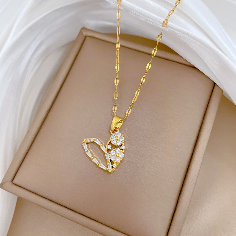 Sweet Minimalist Heart Geometric Rhinestone Titanium Steel Necklace for Unisex