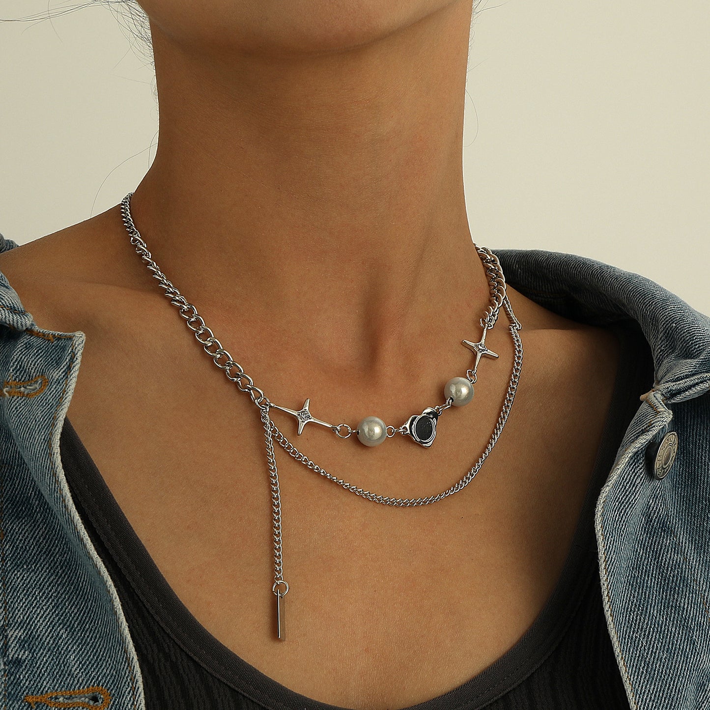 Retro Geometric Pendant Necklace for Women with Stainless Steel Chain, Luminescent Pearl and Rhinestone Star Accent, Fringe Detail, Plated Finish