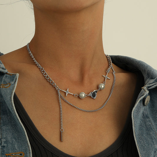 Retro Geometric Pendant Necklace for Women with Stainless Steel Chain, Luminescent Pearl and Rhinestone Star Accent, Fringe Detail, Plated Finish
