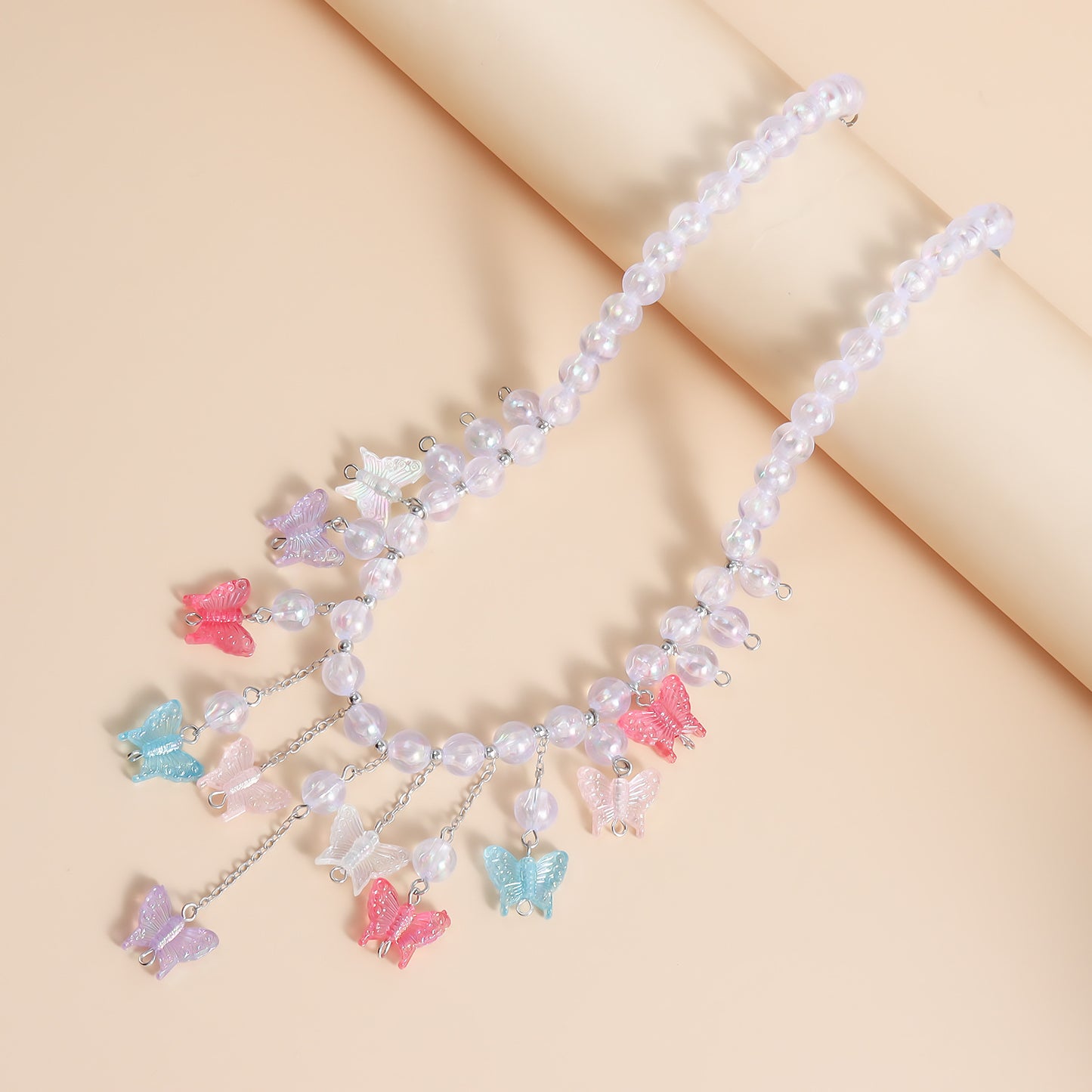 Fashionable Butterfly Pendant Necklace for Women with Resin Beads Geometric Design Plated Alloy Charm and Tassel Detail