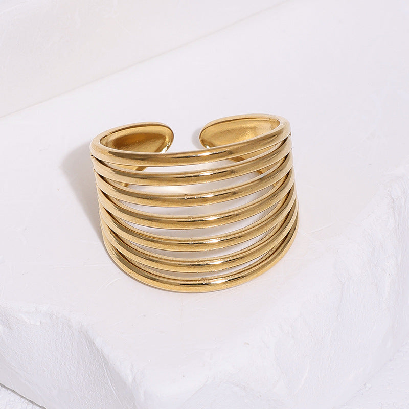 Minimalist Luxury 18K Gold Plated Round Geometric Stainless Steel Open Ring for Women