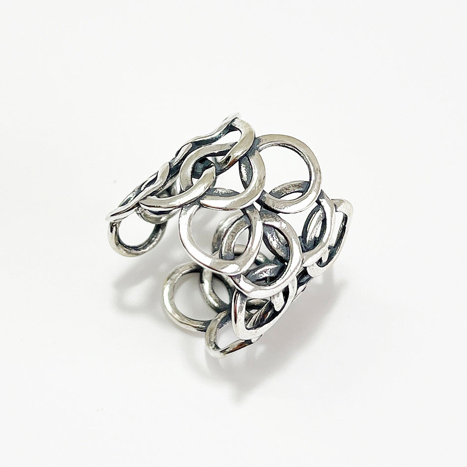 Anello da donna minimalista vintage in argento sterling 925, rotondo geometrico, a fascia larga