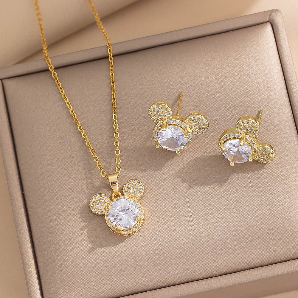 Collana con Pendente Lusso Topolino per Donna in Acciaio al Titanio con Intarsio di Strass su Catena a O, Ipoallergenica e Resistente allo Sbiadimento