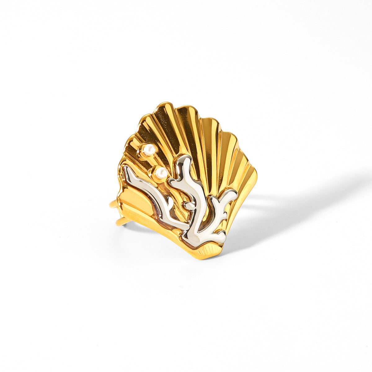 Minimalist Geometric Stainless Steel Ring with Gold Silver Two-Tone Plating Coral Shell and Pearl Accents for Women