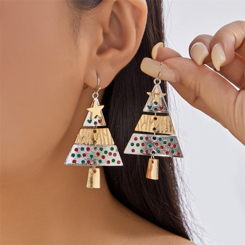 Fashion Christmas Tree Pendant Necklace and Earrings Set for Women with Enamel Finish and Rhinestone Inlay on O-Chain