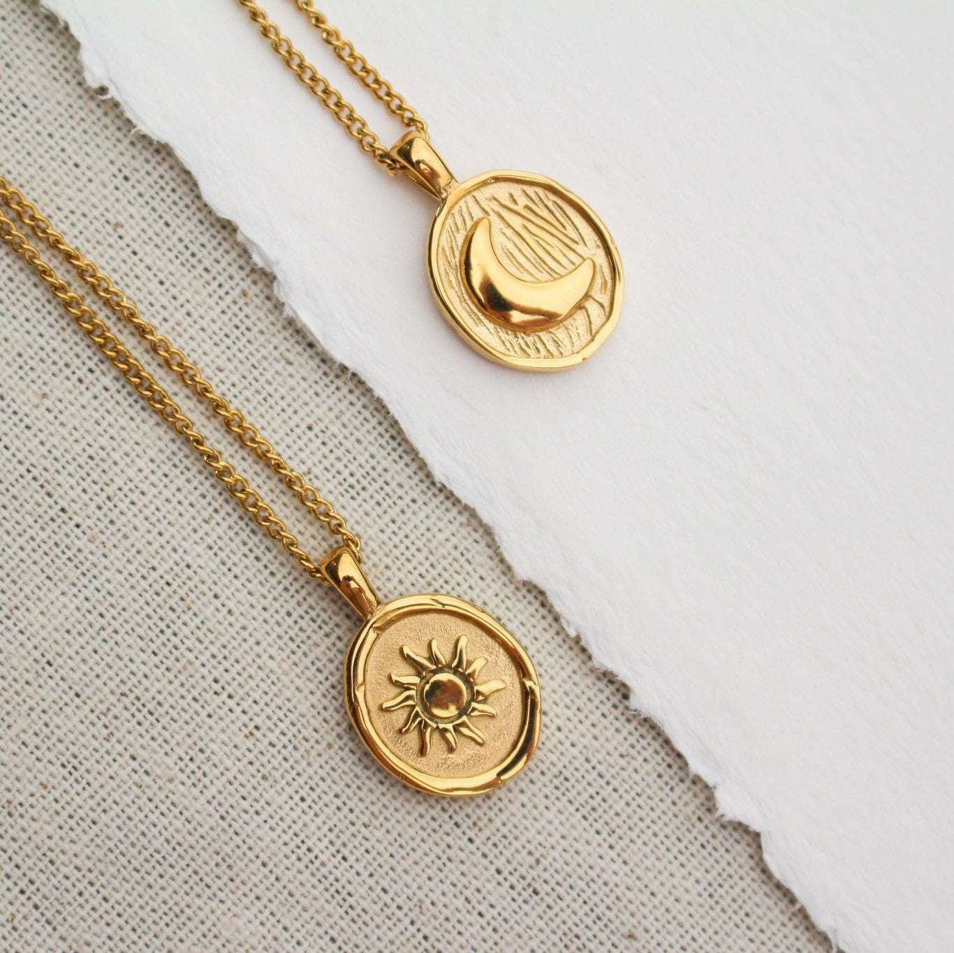 Geometric Sun and Moon Coin Pendant Necklace in Titanium Steel with 18K Gold Plating for Unisex Wear