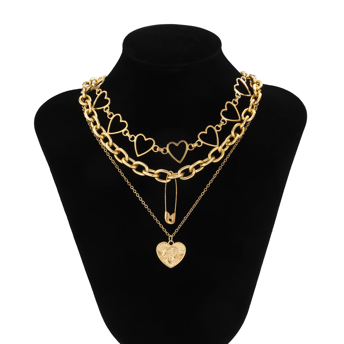 Vintage Style Heart-Shaped Alloy Pendant Necklace Set with Cross Chain and Tassel Accents for Women