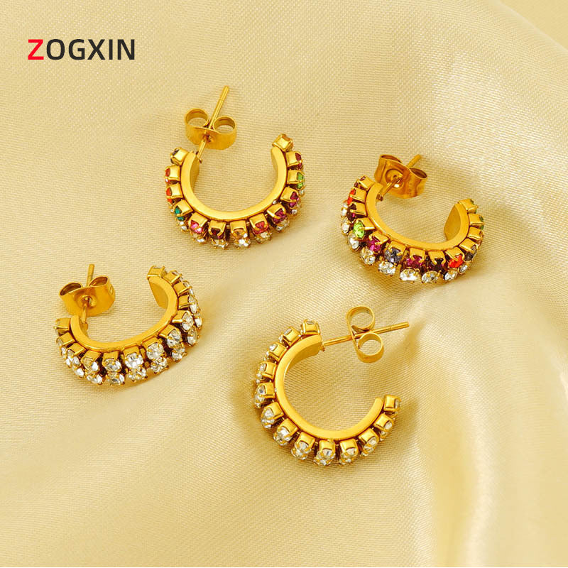 Orecchini da donna in acciaio inossidabile placcati oro 18 carati a forma di C geometrica, con intarsio di strass, alla moda