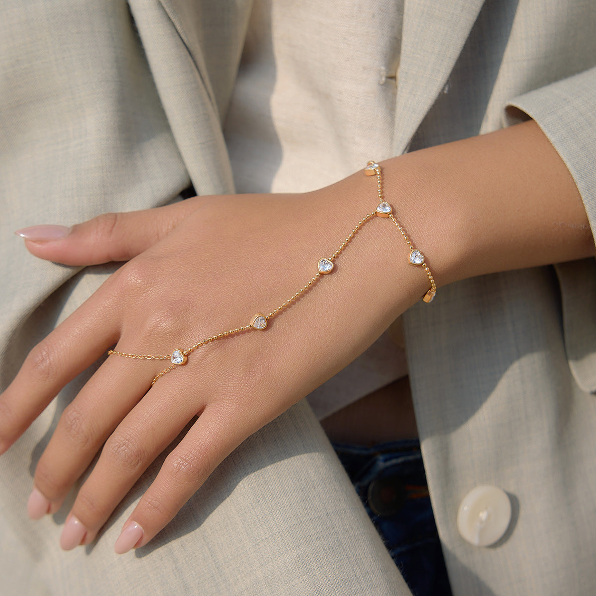 Luxury Geometric Heart Stainless Steel Cubic Zirconia Ring Bracelet for Women