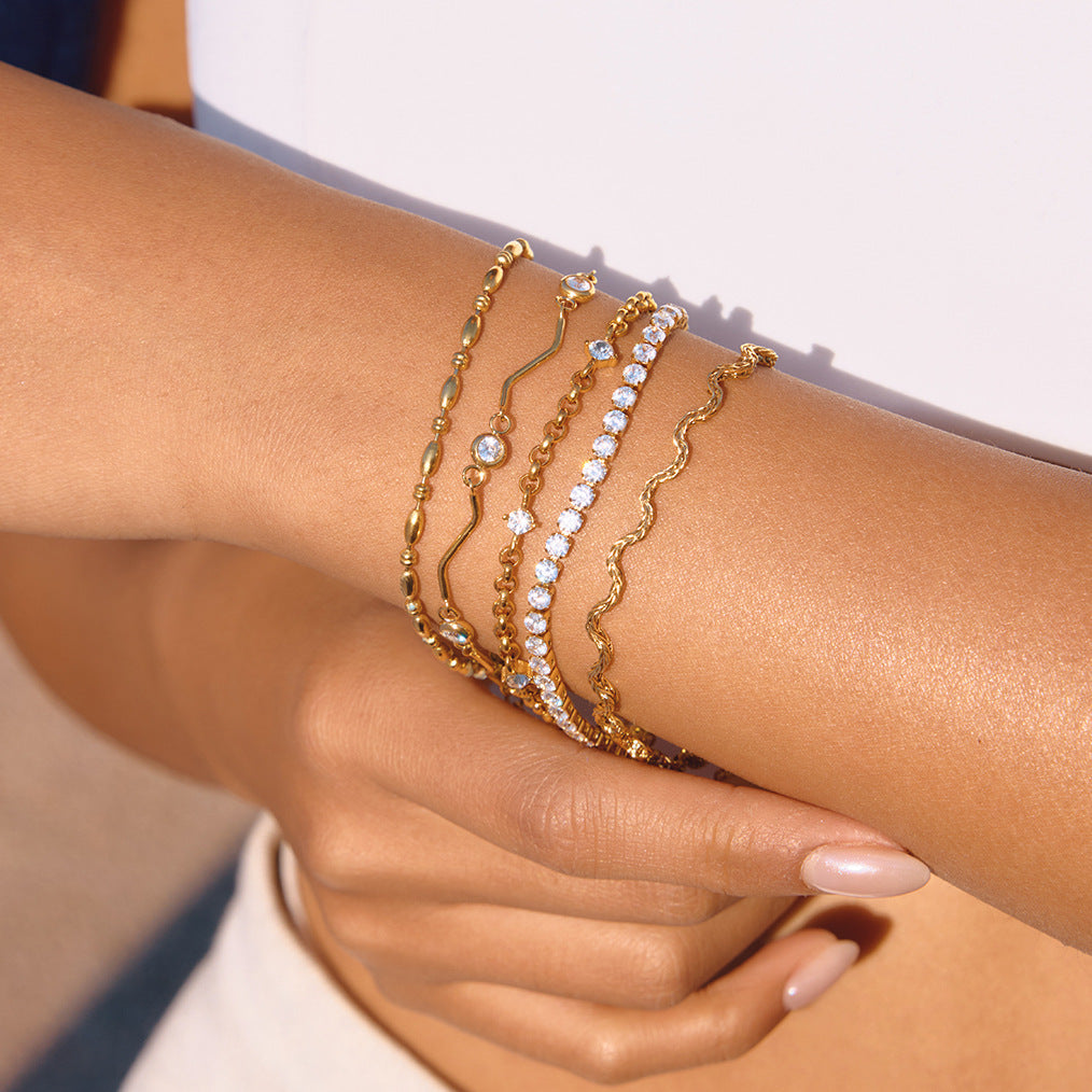 Fashion Geometric Stainless Steel Cubic Zirconia Bar Chain Bracelet for Women