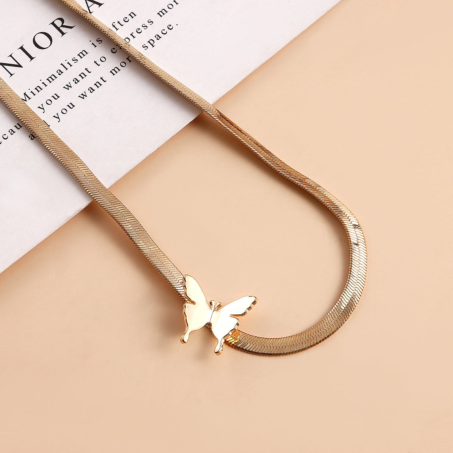 Minimalist Butterfly Pendant Necklace for Women with Gold-Plated Alloy Snake Chain and Geometric Design