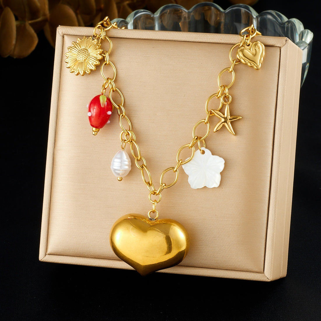Chic Gold Plated Hollow Heart and Star Stainless Steel Necklace for Women