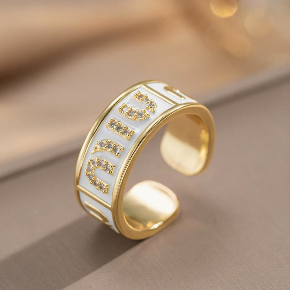 Fashion Luxury Geometric Irregular Enamel Zircon 18K Gold Plated PVD Copper Open Ring for Unisex
