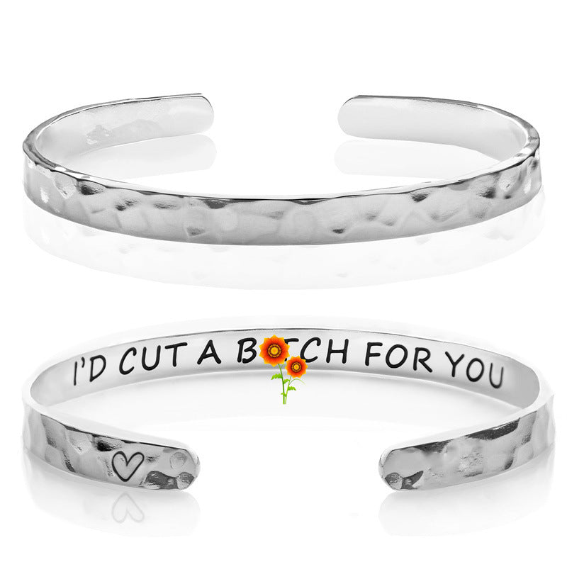 Minimalist Stainless Steel Engraved Open Moon Surface Textured Hammered Bracelet