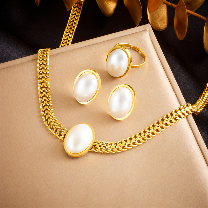 Vintage Minimalist Plated Stainless Steel Oval Geometric Pearl Earrings Necklace Bracelet Set