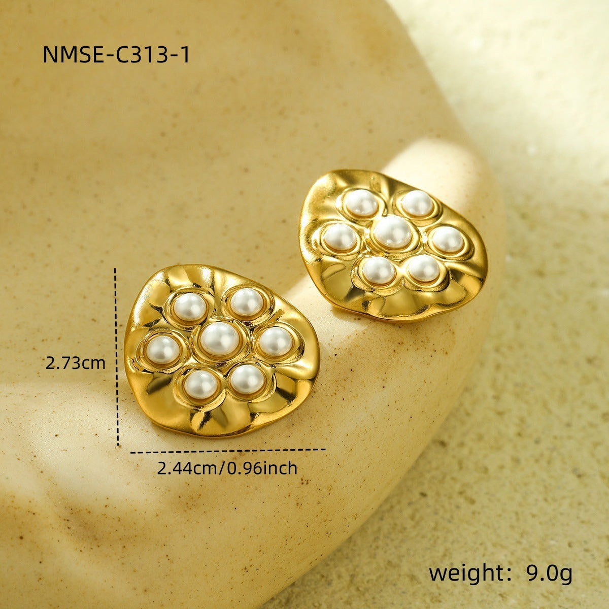 Pendientes geométricos redondos irregulares de estilo vintage en acero inoxidable con baño de oro de 18 quilates e incrustación de perlas