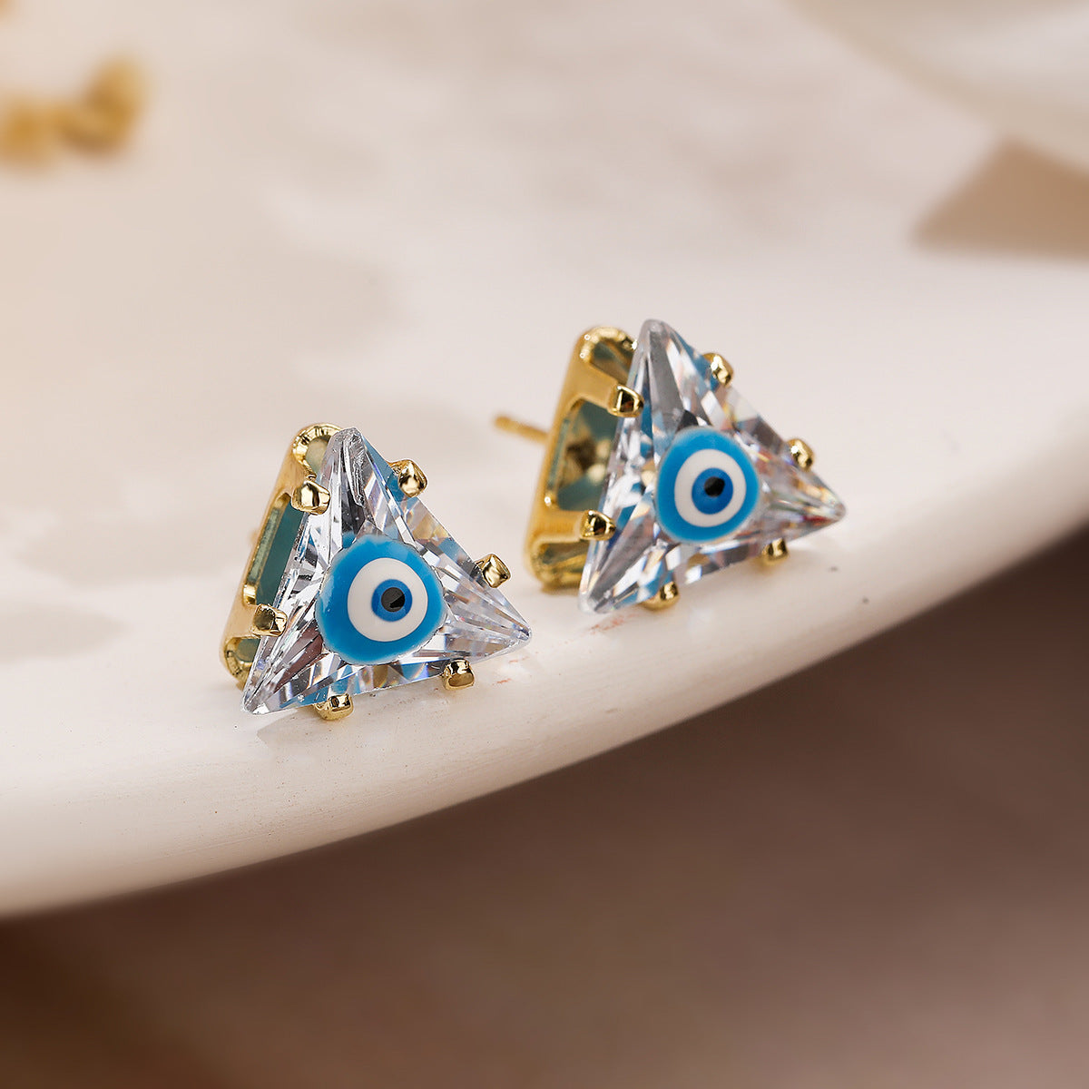 Minimalist Geometric Evil Eye Triangle Stud Earrings for Women in Brass with Micro-Pave Zirconia