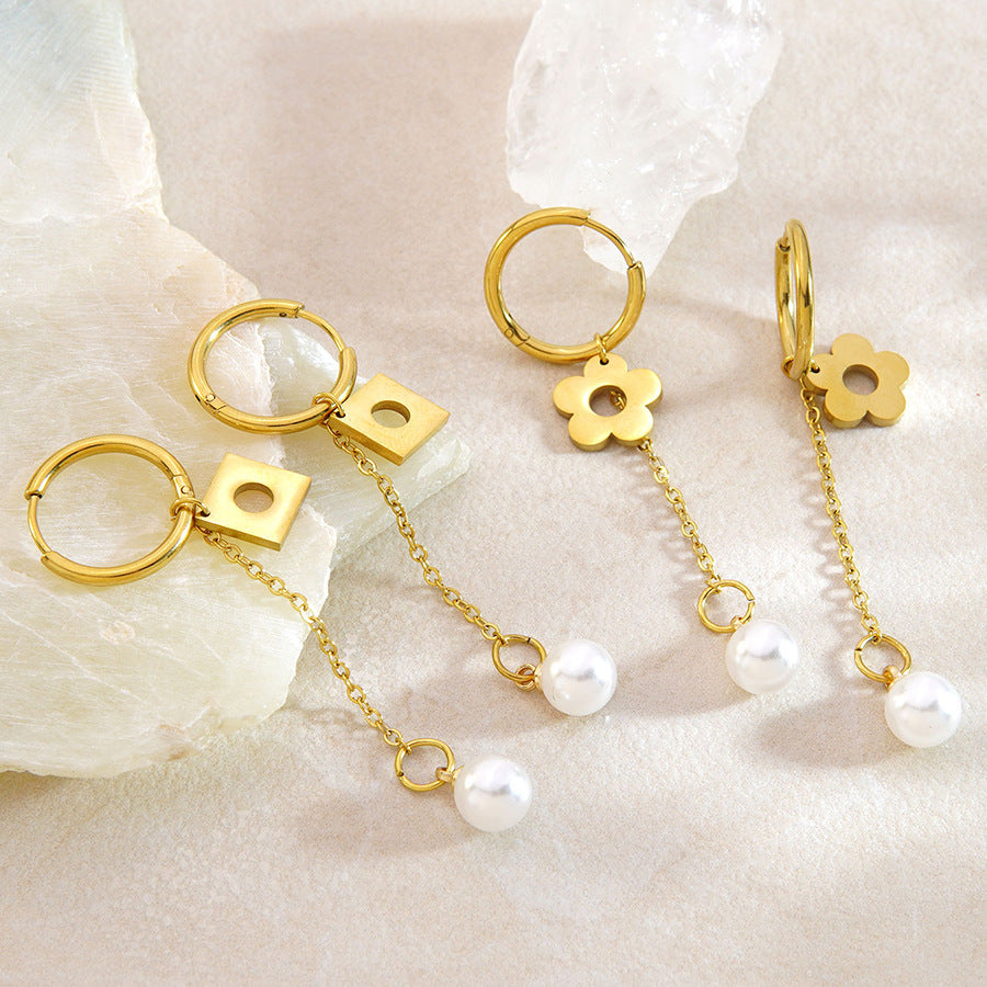 Orecchini pendenti da donna eleganti e dolci con perle, placcati in acciaio inossidabile, con forme geometriche e floreali