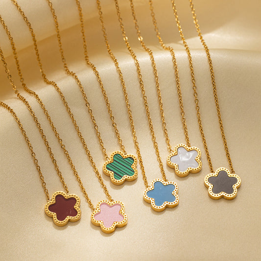 Minimalist Plum Blossom Mother-of-Pearl Pendant Necklace for Women with Rhinestone Inlay and Titanium Steel Snake Chain